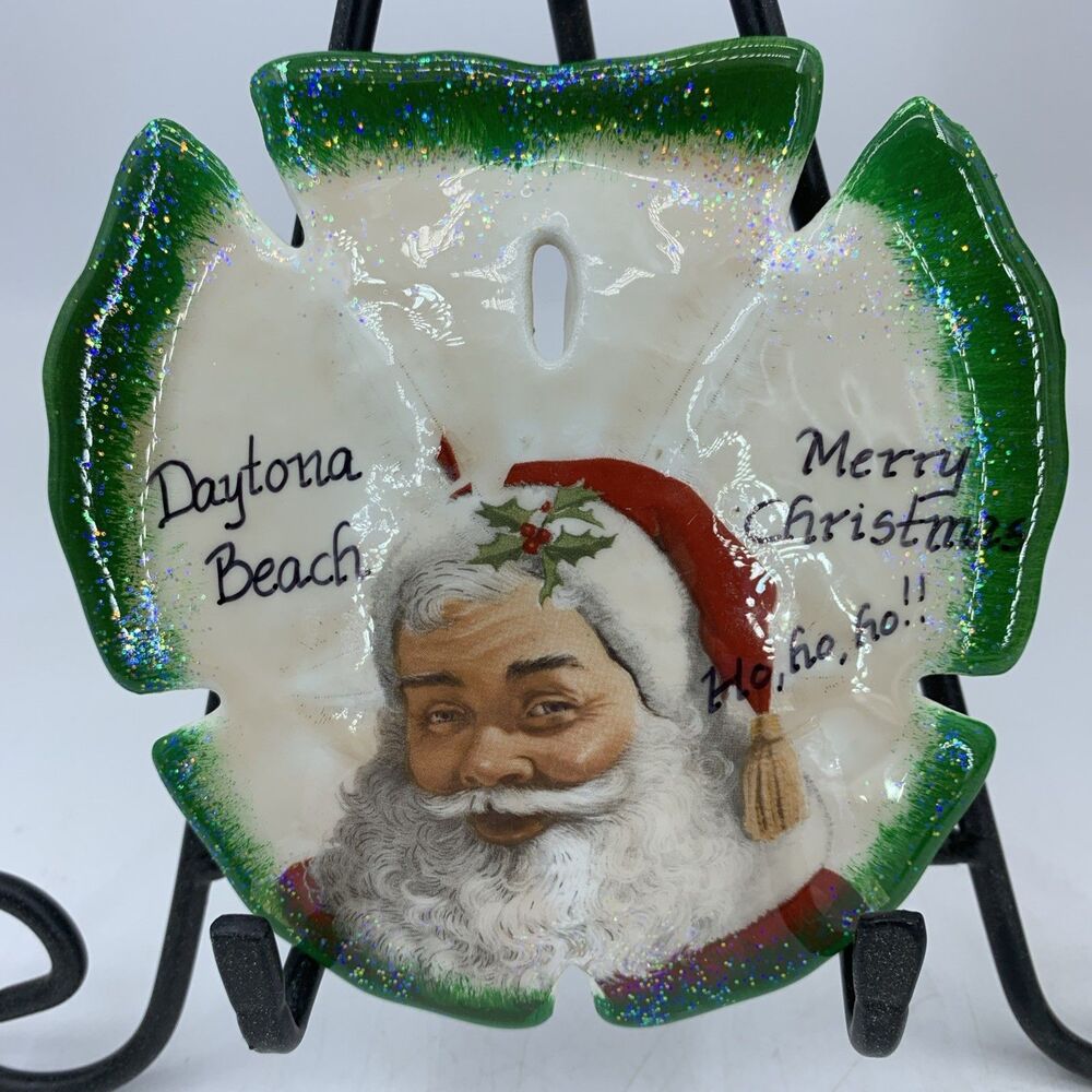 Daytona Beach Sand Dollar Christmas Ornament Hand Painted Santa Beach Vtg